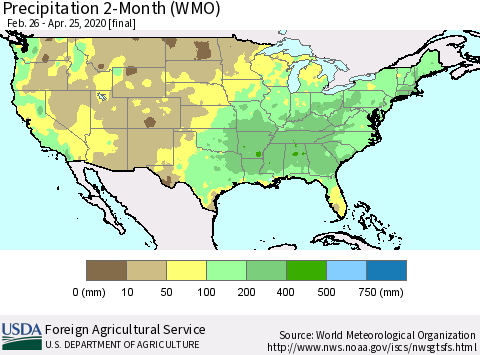 United States Precipitation 2-Month (WMO) Thematic Map For 2/26/2020 - 4/25/2020