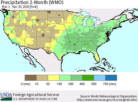 United States Precipitation 2-Month (WMO) Thematic Map For 3/1/2020 - 4/30/2020