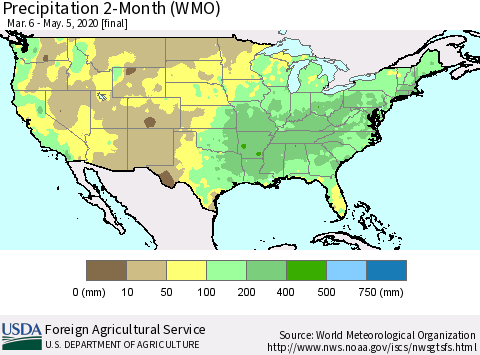 United States Precipitation 2-Month (WMO) Thematic Map For 3/6/2020 - 5/5/2020