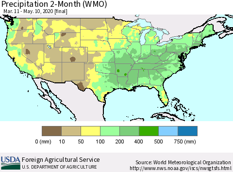 United States Precipitation 2-Month (WMO) Thematic Map For 3/11/2020 - 5/10/2020