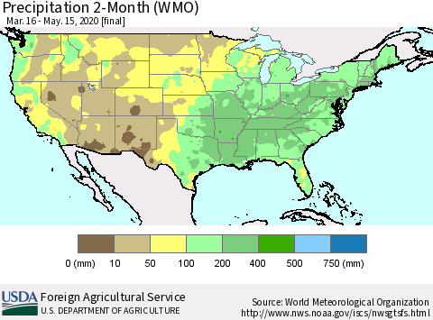 United States Precipitation 2-Month (WMO) Thematic Map For 3/16/2020 - 5/15/2020