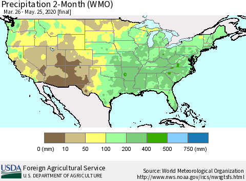United States Precipitation 2-Month (WMO) Thematic Map For 3/26/2020 - 5/25/2020
