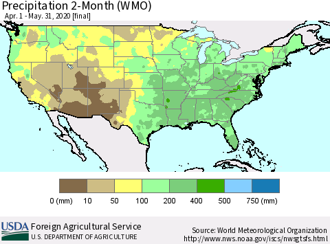 United States Precipitation 2-Month (WMO) Thematic Map For 4/1/2020 - 5/31/2020