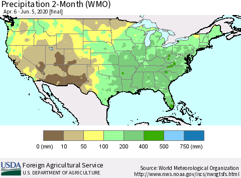 United States Precipitation 2-Month (WMO) Thematic Map For 4/6/2020 - 6/5/2020