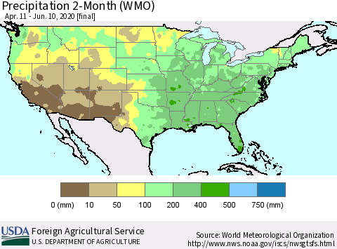United States Precipitation 2-Month (WMO) Thematic Map For 4/11/2020 - 6/10/2020
