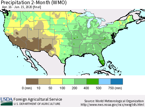 United States Precipitation 2-Month (WMO) Thematic Map For 4/16/2020 - 6/15/2020