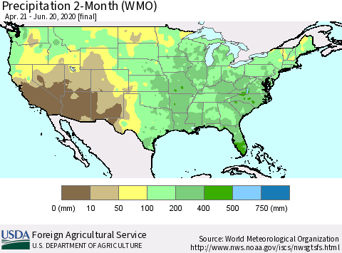 United States Precipitation 2-Month (WMO) Thematic Map For 4/21/2020 - 6/20/2020