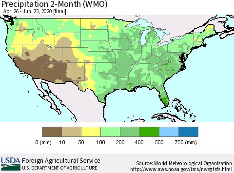 United States Precipitation 2-Month (WMO) Thematic Map For 4/26/2020 - 6/25/2020