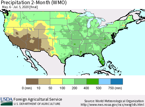 United States Precipitation 2-Month (WMO) Thematic Map For 5/6/2020 - 7/5/2020