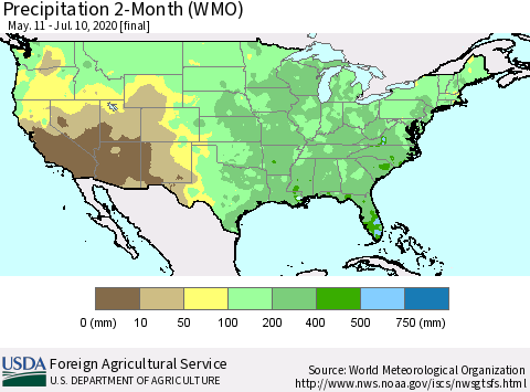 United States Precipitation 2-Month (WMO) Thematic Map For 5/11/2020 - 7/10/2020