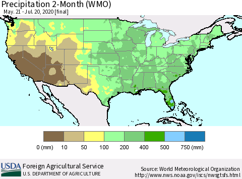 United States Precipitation 2-Month (WMO) Thematic Map For 5/21/2020 - 7/20/2020