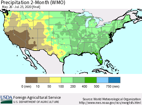 United States Precipitation 2-Month (WMO) Thematic Map For 5/26/2020 - 7/25/2020