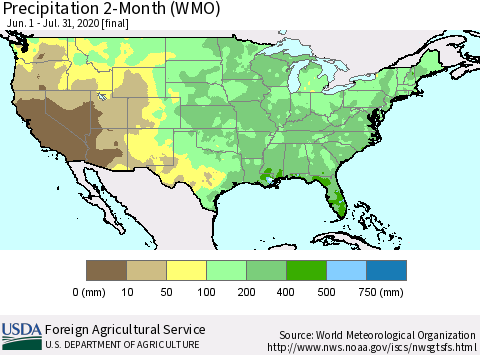 United States Precipitation 2-Month (WMO) Thematic Map For 6/1/2020 - 7/31/2020
