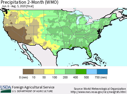 United States Precipitation 2-Month (WMO) Thematic Map For 6/6/2020 - 8/5/2020