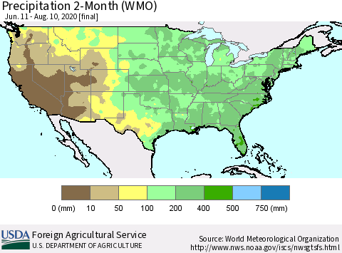 United States Precipitation 2-Month (WMO) Thematic Map For 6/11/2020 - 8/10/2020