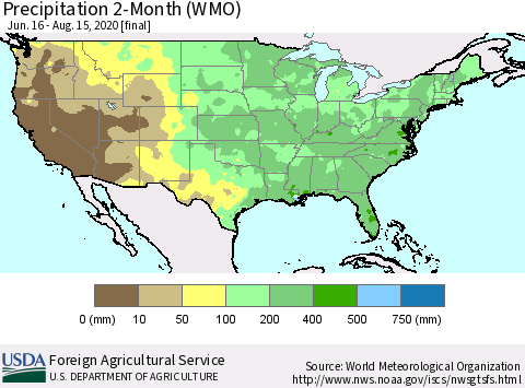 United States Precipitation 2-Month (WMO) Thematic Map For 6/16/2020 - 8/15/2020