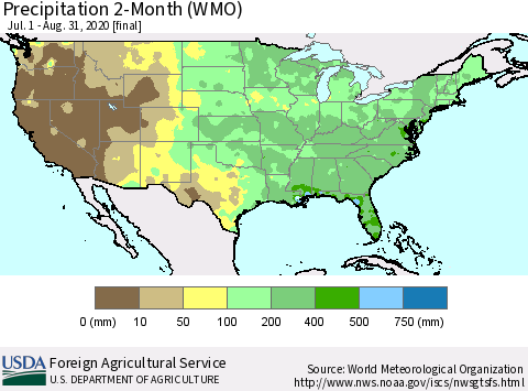 United States Precipitation 2-Month (WMO) Thematic Map For 7/1/2020 - 8/31/2020