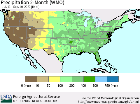 United States Precipitation 2-Month (WMO) Thematic Map For 7/11/2020 - 9/10/2020