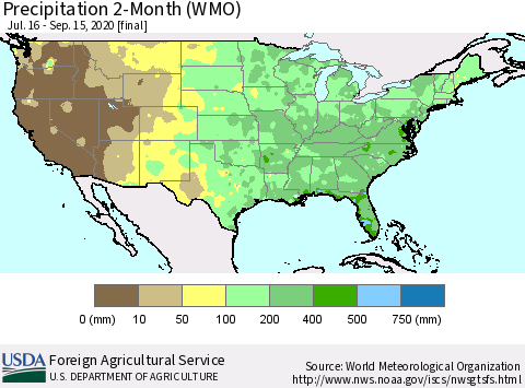 United States Precipitation 2-Month (WMO) Thematic Map For 7/16/2020 - 9/15/2020