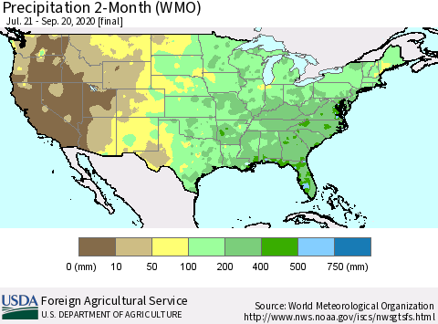 United States Precipitation 2-Month (WMO) Thematic Map For 7/21/2020 - 9/20/2020
