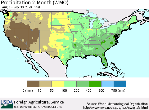 United States Precipitation 2-Month (WMO) Thematic Map For 8/1/2020 - 9/30/2020