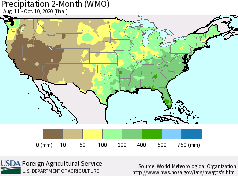 United States Precipitation 2-Month (WMO) Thematic Map For 8/11/2020 - 10/10/2020