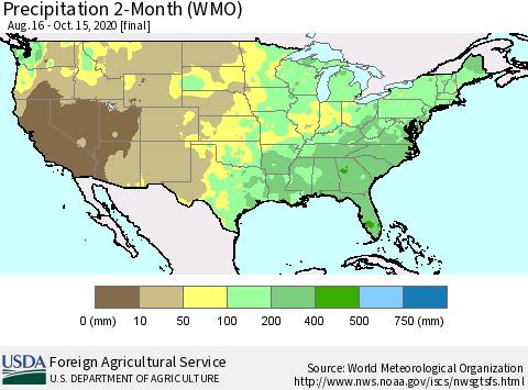 United States Precipitation 2-Month (WMO) Thematic Map For 8/16/2020 - 10/15/2020