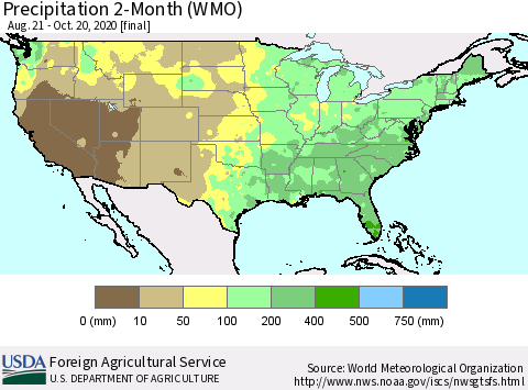 United States Precipitation 2-Month (WMO) Thematic Map For 8/21/2020 - 10/20/2020