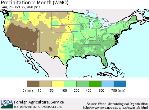 United States Precipitation 2-Month (WMO) Thematic Map For 8/26/2020 - 10/25/2020