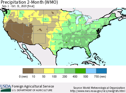 United States Precipitation 2-Month (WMO) Thematic Map For 9/1/2020 - 10/31/2020