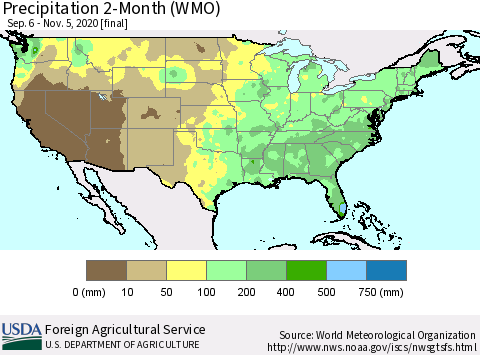 United States Precipitation 2-Month (WMO) Thematic Map For 9/6/2020 - 11/5/2020