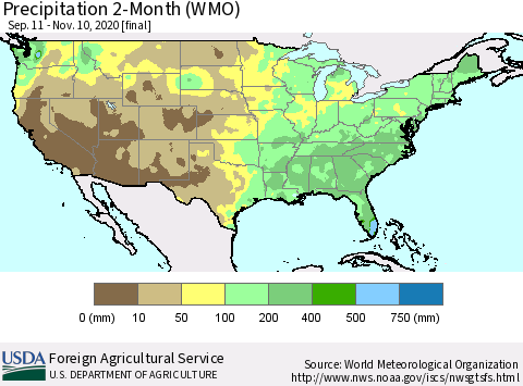 United States Precipitation 2-Month (WMO) Thematic Map For 9/11/2020 - 11/10/2020