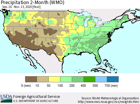 United States Precipitation 2-Month (WMO) Thematic Map For 9/16/2020 - 11/15/2020