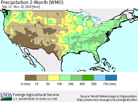 United States Precipitation 2-Month (WMO) Thematic Map For 9/21/2020 - 11/20/2020
