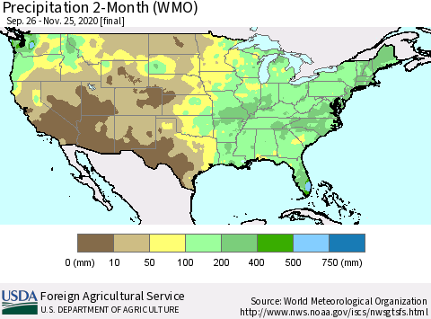 United States Precipitation 2-Month (WMO) Thematic Map For 9/26/2020 - 11/25/2020