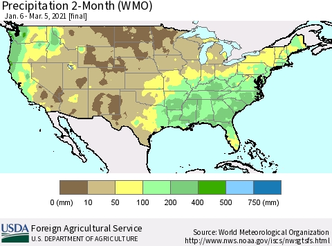 United States Precipitation 2-Month (WMO) Thematic Map For 1/6/2021 - 3/5/2021