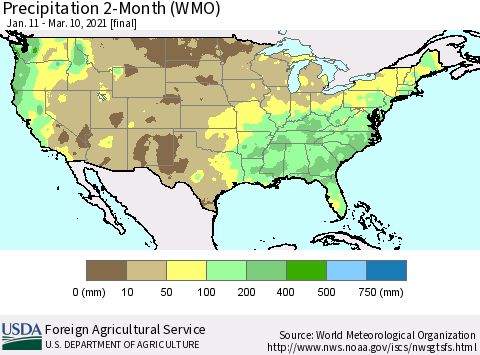 United States Precipitation 2-Month (WMO) Thematic Map For 1/11/2021 - 3/10/2021