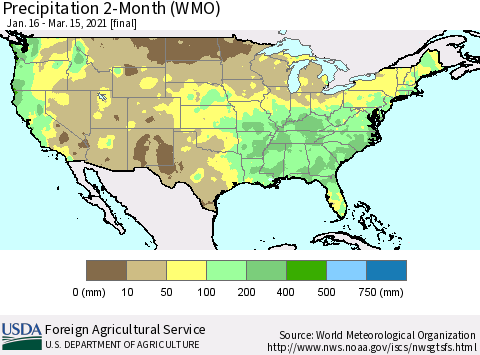 United States Precipitation 2-Month (WMO) Thematic Map For 1/16/2021 - 3/15/2021