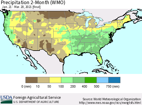 United States Precipitation 2-Month (WMO) Thematic Map For 1/21/2021 - 3/20/2021