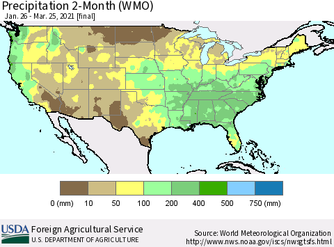 United States Precipitation 2-Month (WMO) Thematic Map For 1/26/2021 - 3/25/2021