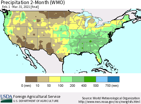 United States Precipitation 2-Month (WMO) Thematic Map For 2/1/2021 - 3/31/2021