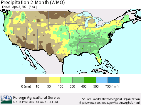 United States Precipitation 2-Month (WMO) Thematic Map For 2/6/2021 - 4/5/2021