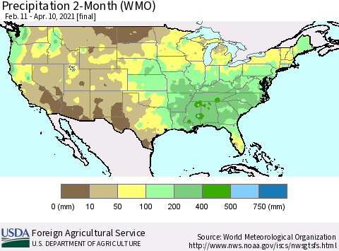 United States Precipitation 2-Month (WMO) Thematic Map For 2/11/2021 - 4/10/2021