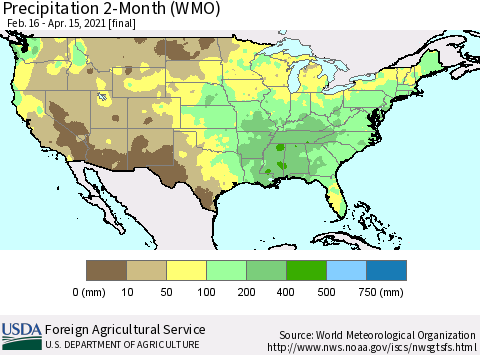 United States Precipitation 2-Month (WMO) Thematic Map For 2/16/2021 - 4/15/2021