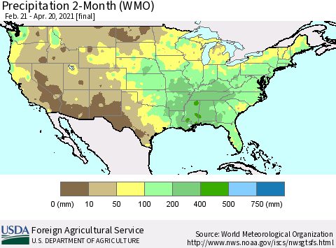United States Precipitation 2-Month (WMO) Thematic Map For 2/21/2021 - 4/20/2021
