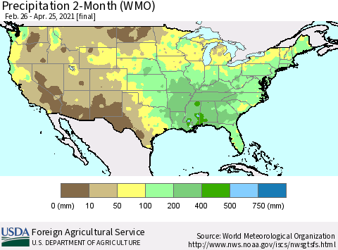 United States Precipitation 2-Month (WMO) Thematic Map For 2/26/2021 - 4/25/2021