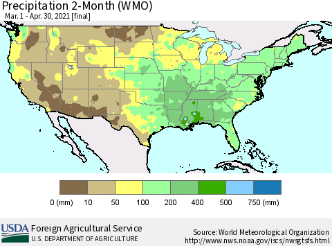 United States Precipitation 2-Month (WMO) Thematic Map For 3/1/2021 - 4/30/2021