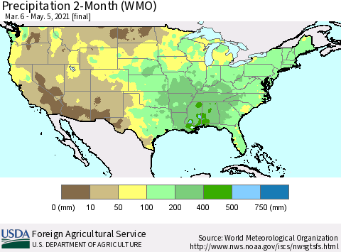 United States Precipitation 2-Month (WMO) Thematic Map For 3/6/2021 - 5/5/2021