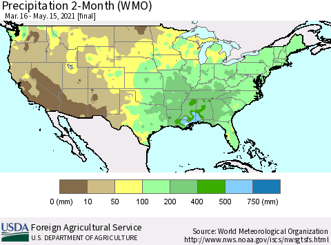 United States Precipitation 2-Month (WMO) Thematic Map For 3/16/2021 - 5/15/2021
