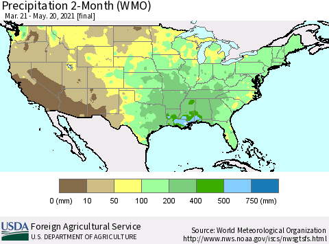 United States Precipitation 2-Month (WMO) Thematic Map For 3/21/2021 - 5/20/2021